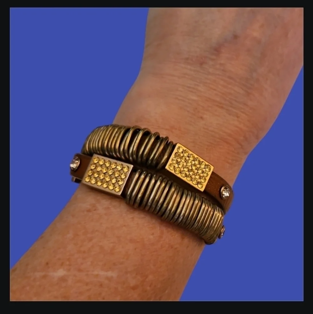 WESTERN Leather Brass Rhinestone Yellow Pave Belt Wrap Bracelet